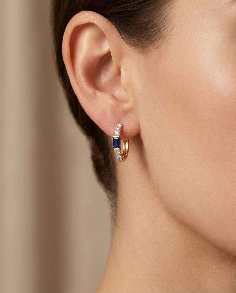14KT Yellow Gold Sappphire and Diamonds Hoop Earring on model