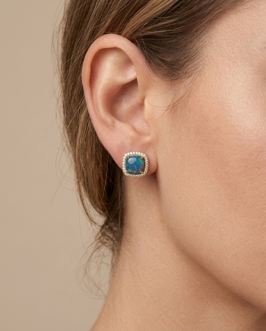 14KT Yellow Gold Opal and Diamonds Earing on model