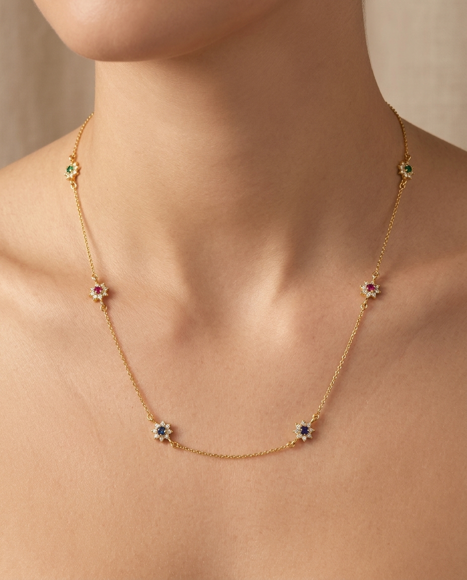 18KT Yellow Gold Diamond Dangling Necklace with Emerald Ruby and Blue Sapphire on model