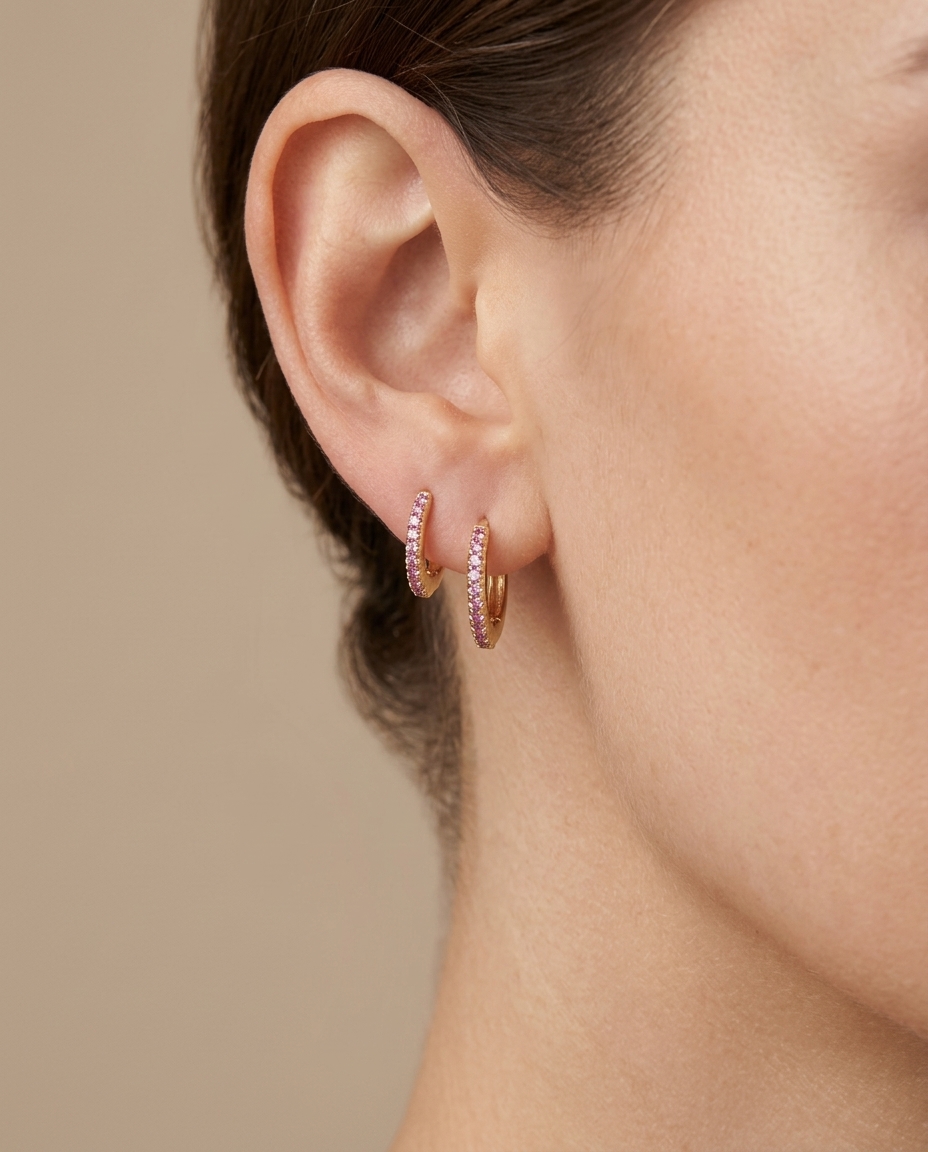 14KT Yellow Gold Pink Sapphire Huggies Earring view 2