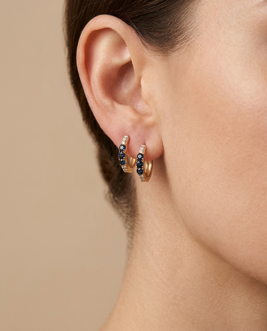 14KT Yellow Gold Diamond and Sapphire Huggies Earring view 2