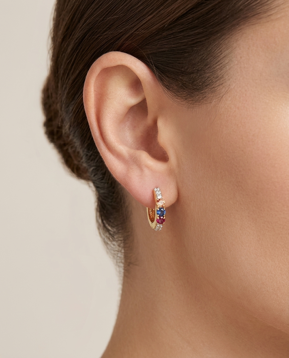 14KT Yellow Gold Diamond and Multi Sapphire Huggies Earring view 2