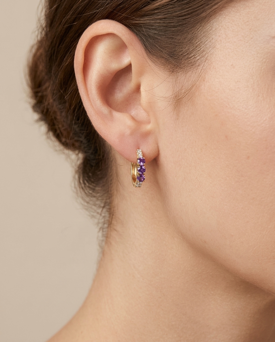 14KT Yellow Gold Pink Sapphire and Diamond Huggies Earring view 2