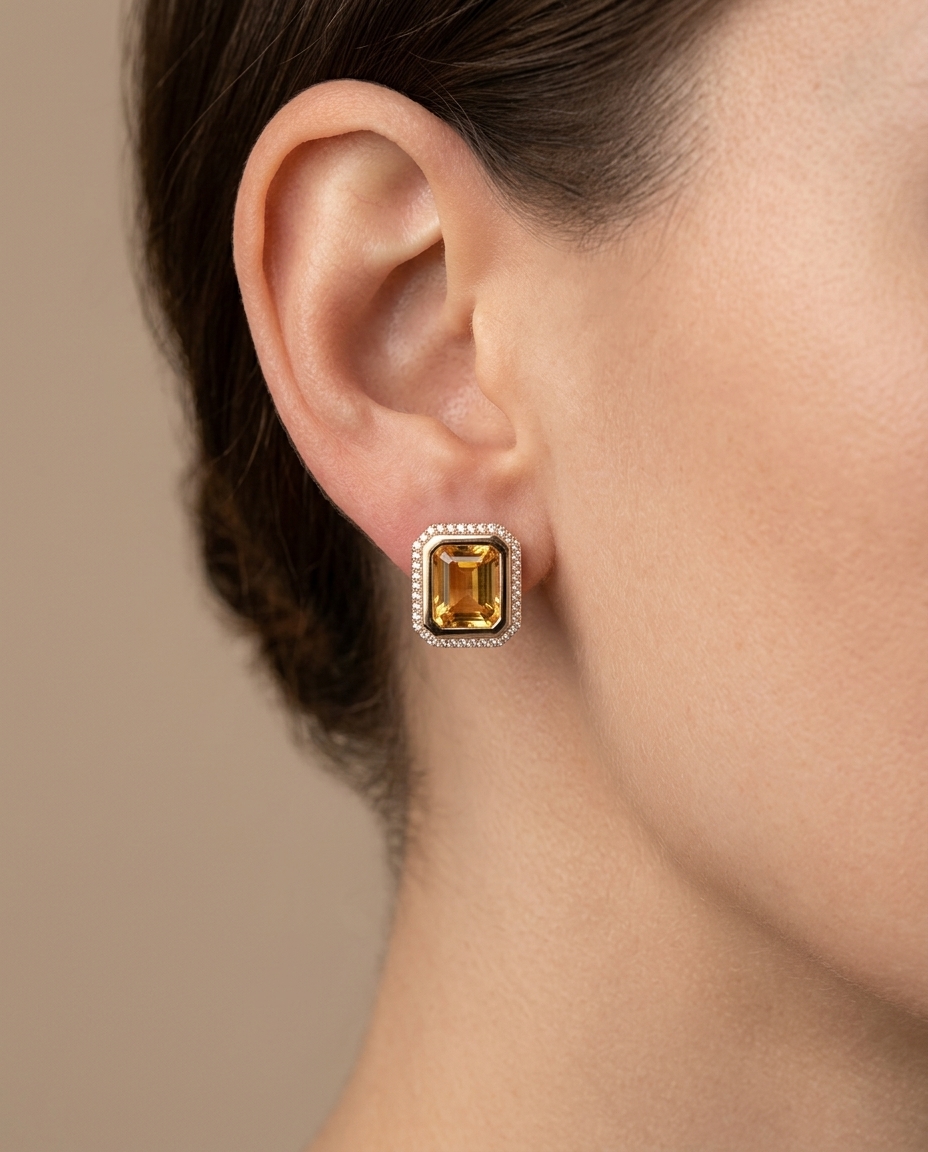 14KT Yellow Gold Citrine and Diamonds Earring on model