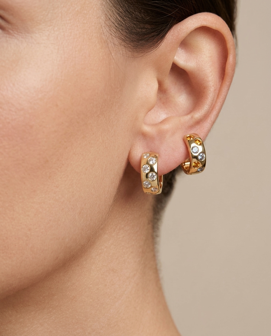 14KT Yellow Gold Diamond Hoop Earring on model