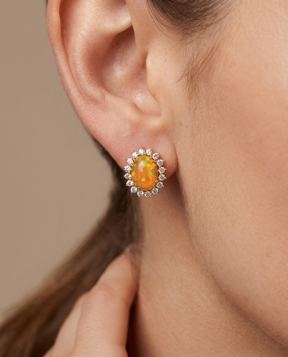 14KT Gold Opal and Diamonds Earring on model