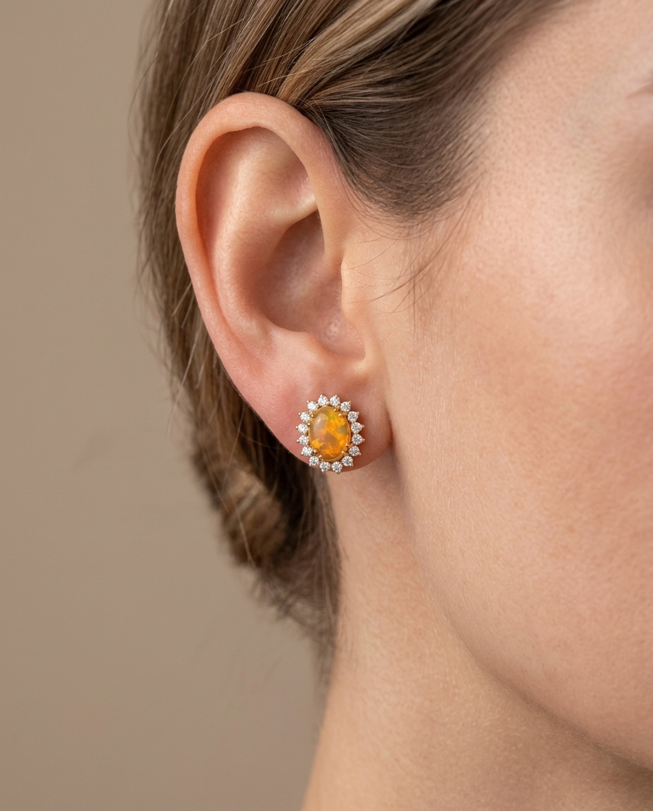 14KT Gold Opal and Diamonds Earring view 2