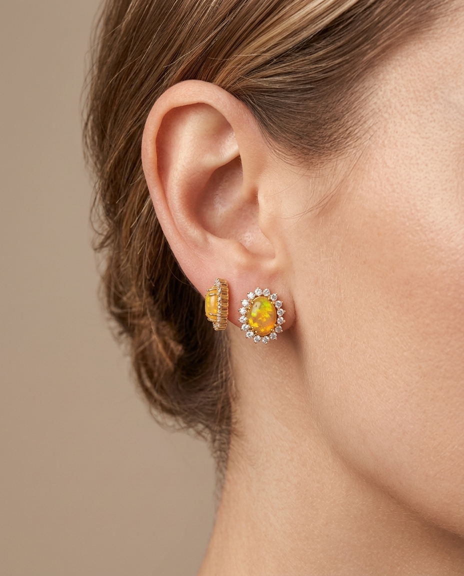 14KT Gold Opal and Diamonds Earring on model
