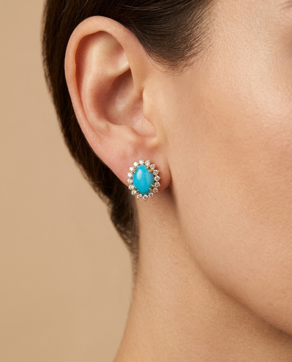 14KT Gold Turquoise and Diamonds Earring on model