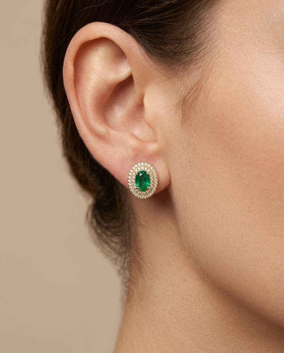 14KT Yellow Gold Emerald and Diamonds Earing on model