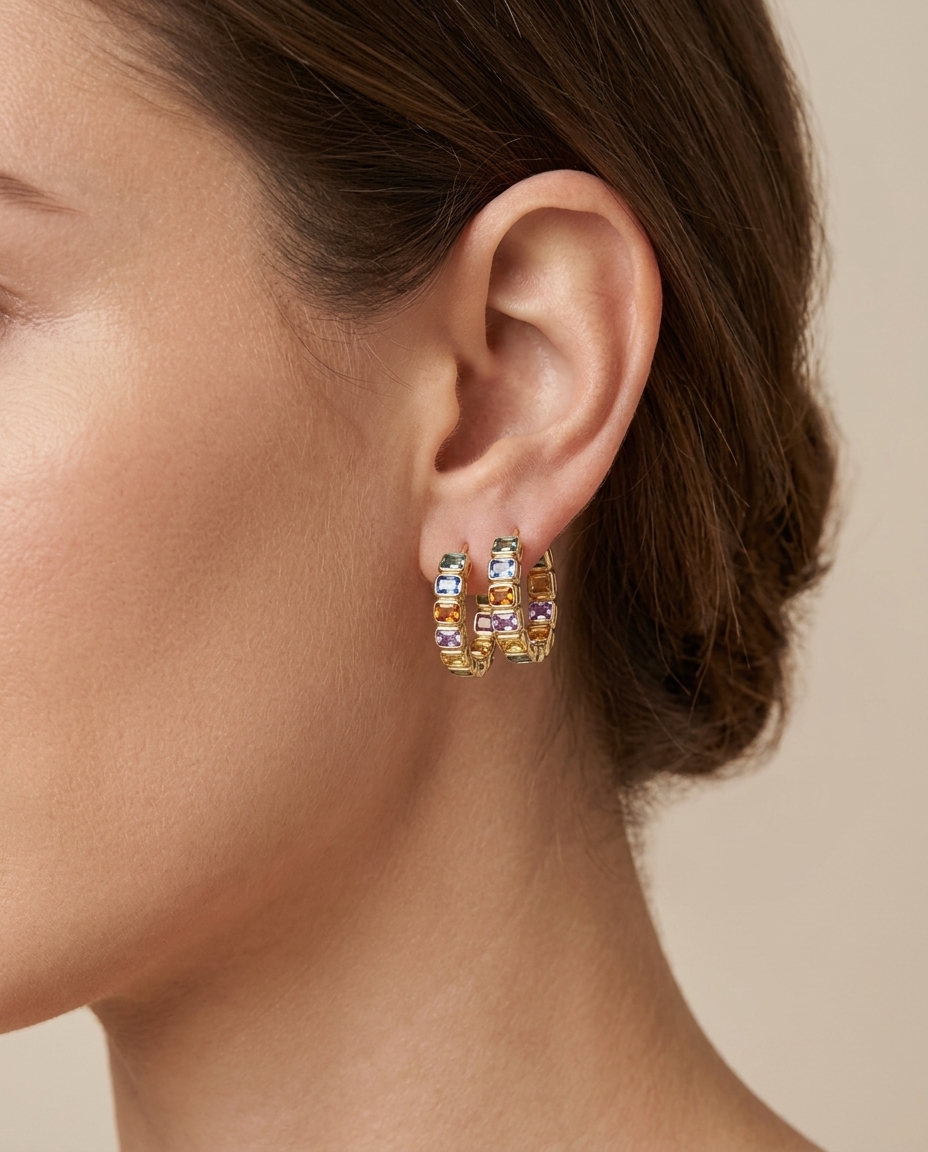 14KT Yellow Gold Multi Sapphire Hoop Earring on model