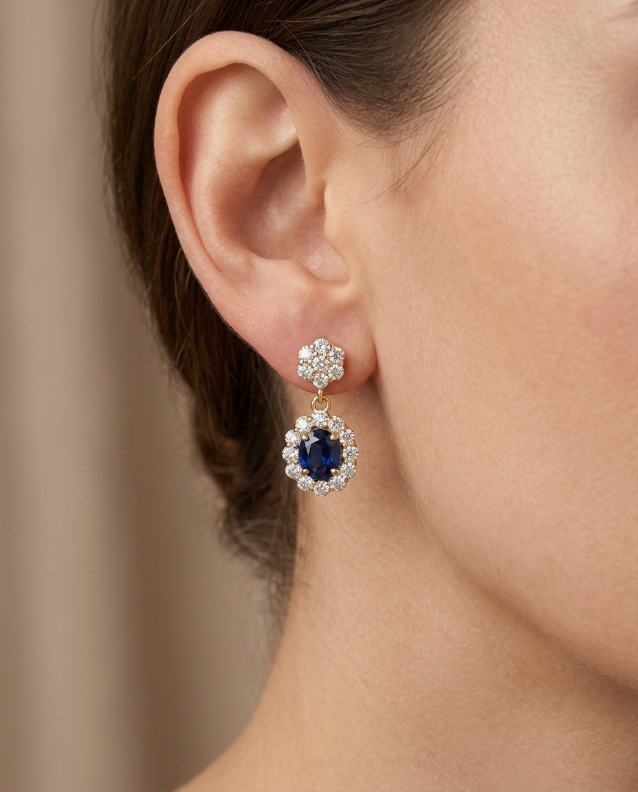 14KT Yellow Gold Diamond and Blue Sapphire Dangling Earrings view 2