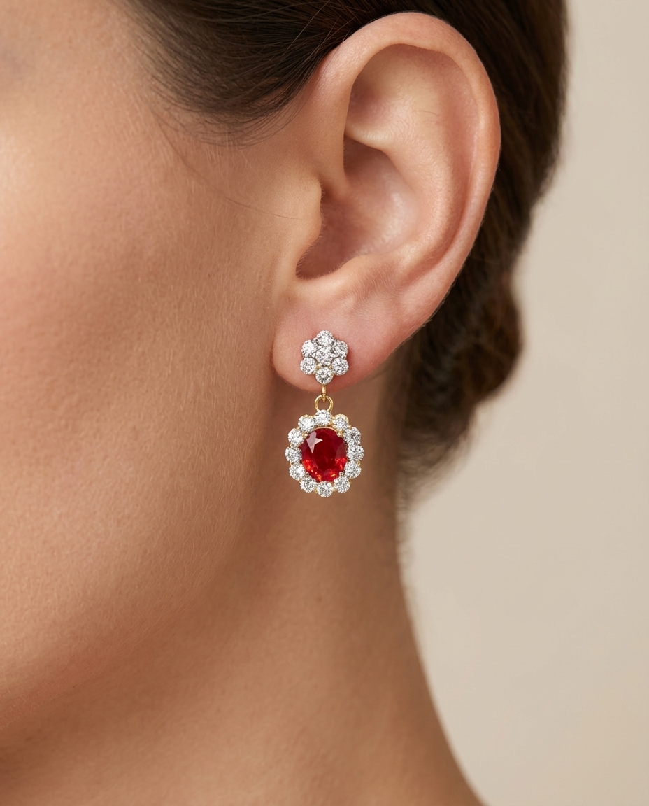 14KT Yellow Gold Diamond and Orange Sapphire Dangling Earrings on model