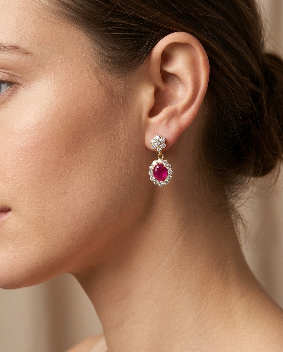 14KT Yellow Gold Diamond and Ruby Dangling Earrings view 2