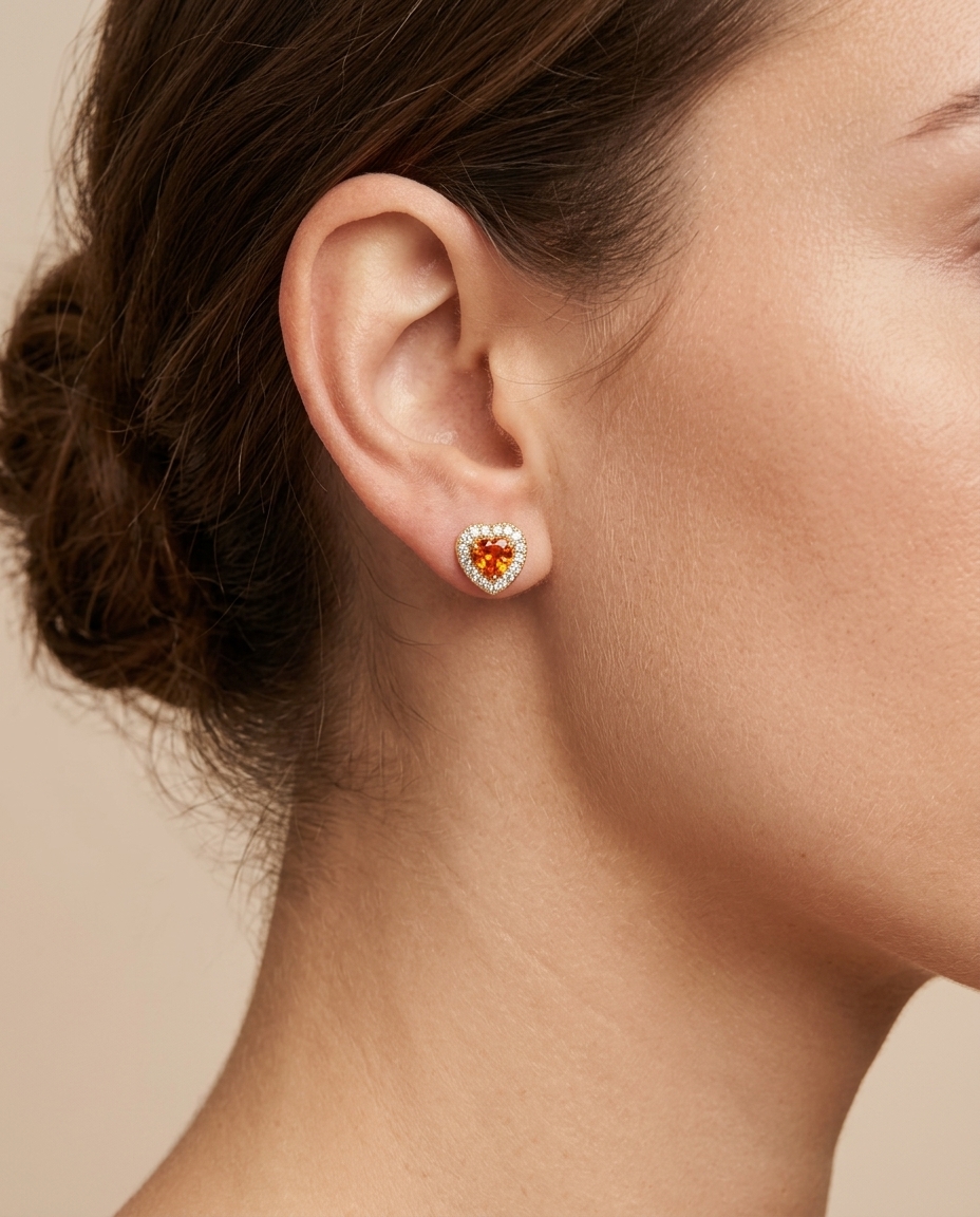 14KT Yellow Gold Orange Sapphire and Diamonds Heart Shape Earring on model