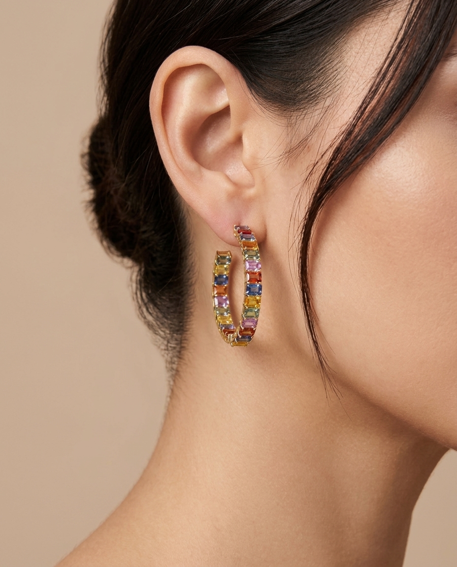 14KT Yellow Gold Multi Sapphire Hoop Earring on model