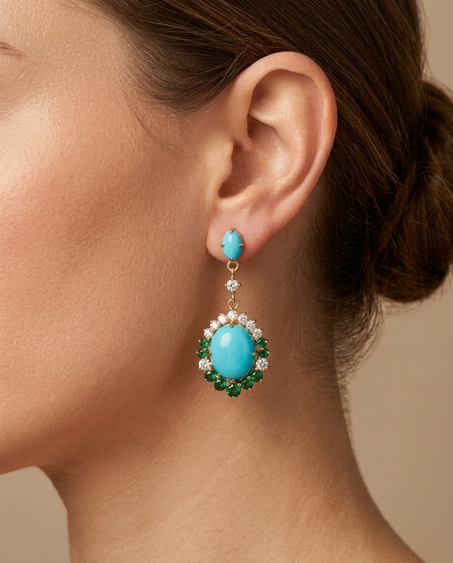 14KT Yellow Gold TURQUOISE, Emereld and Diamonds Earring on model