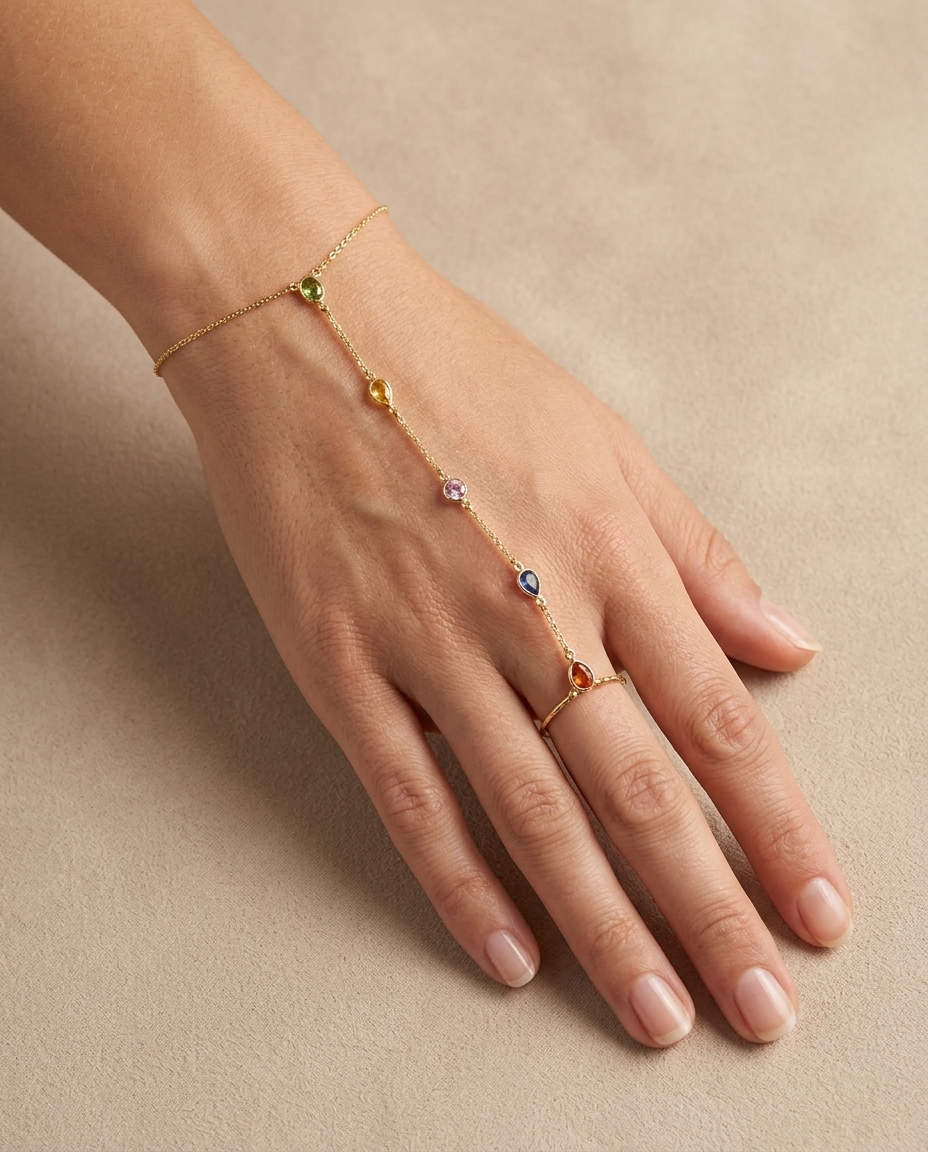 14KT Gold Muti Sapphire Hand Chain on model