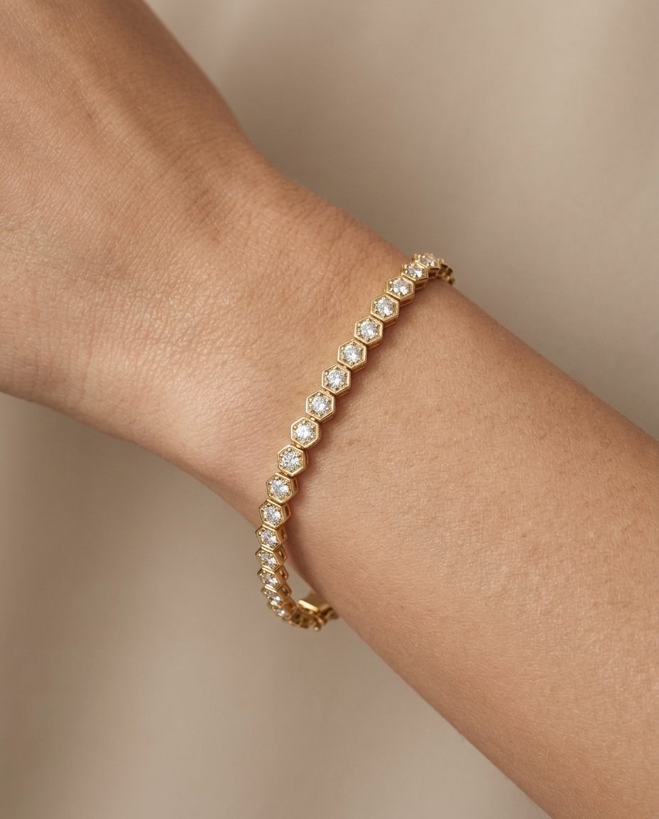 14KT Yellow Gold Diamond Hexagone Shape Tennis Bracelet on model