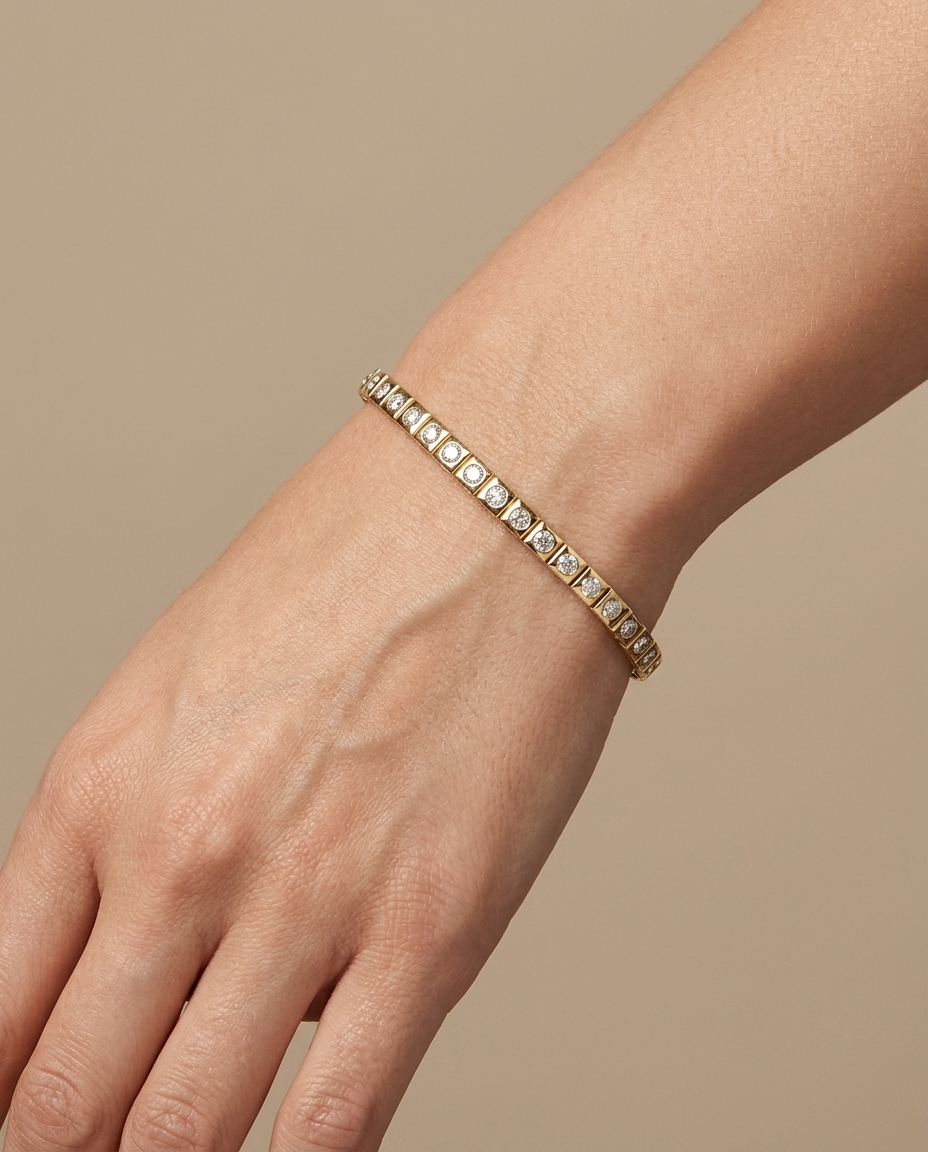 14KT Yellow Gold Diamond Square Bezel Set Tennis Bracelet on model