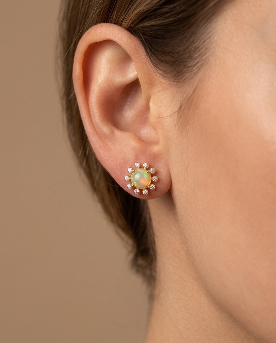 14KT Yellow Gold Opal with Diamonds Earring view 2