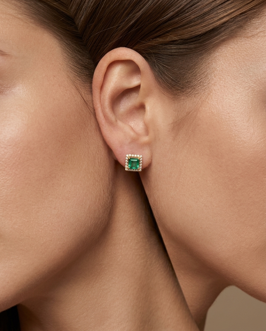 14KT Yellow Gold Emerald and Diamonds Earring view 2