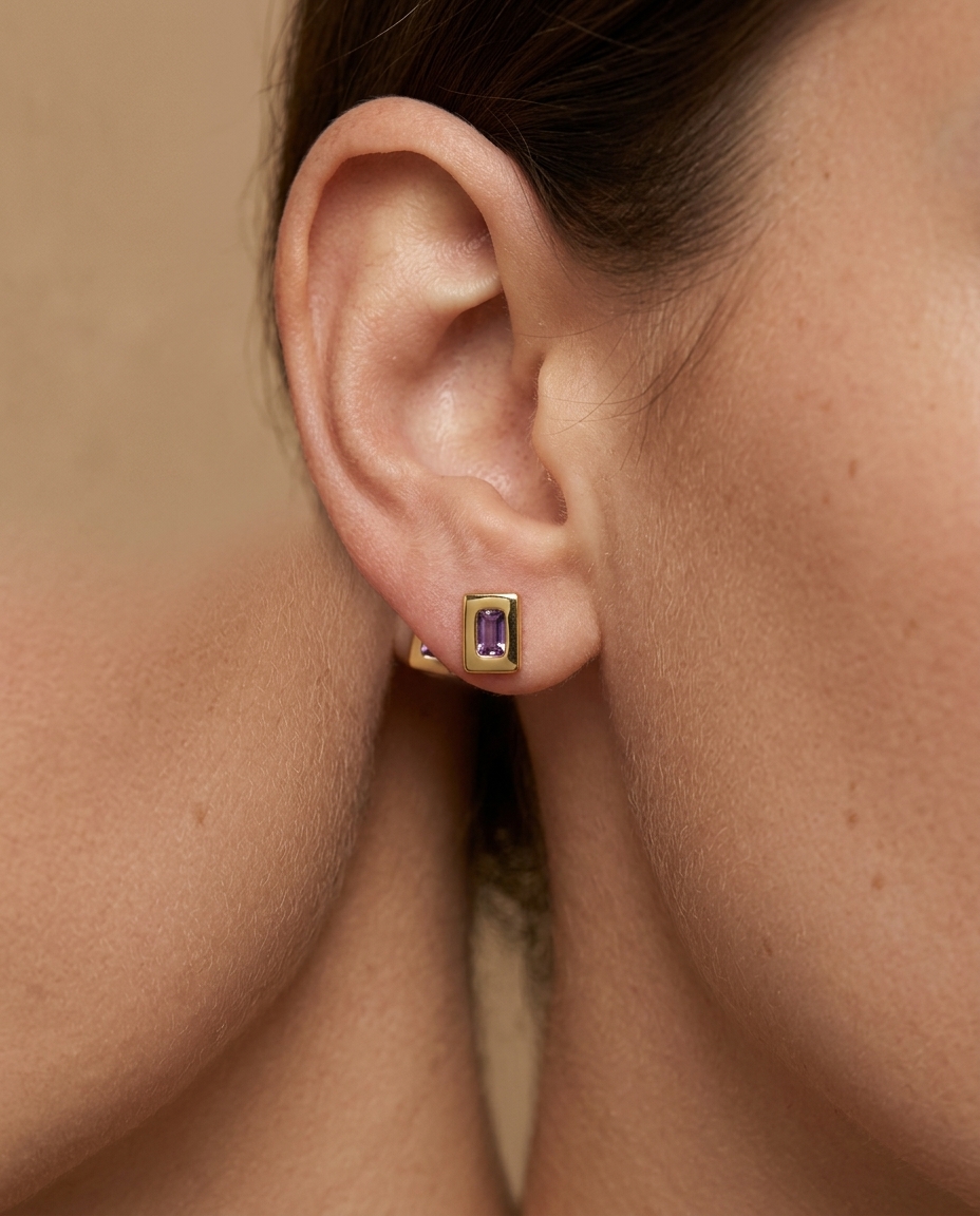 14KT Yellow Gold Purple Sapphire Stud Earring view 2