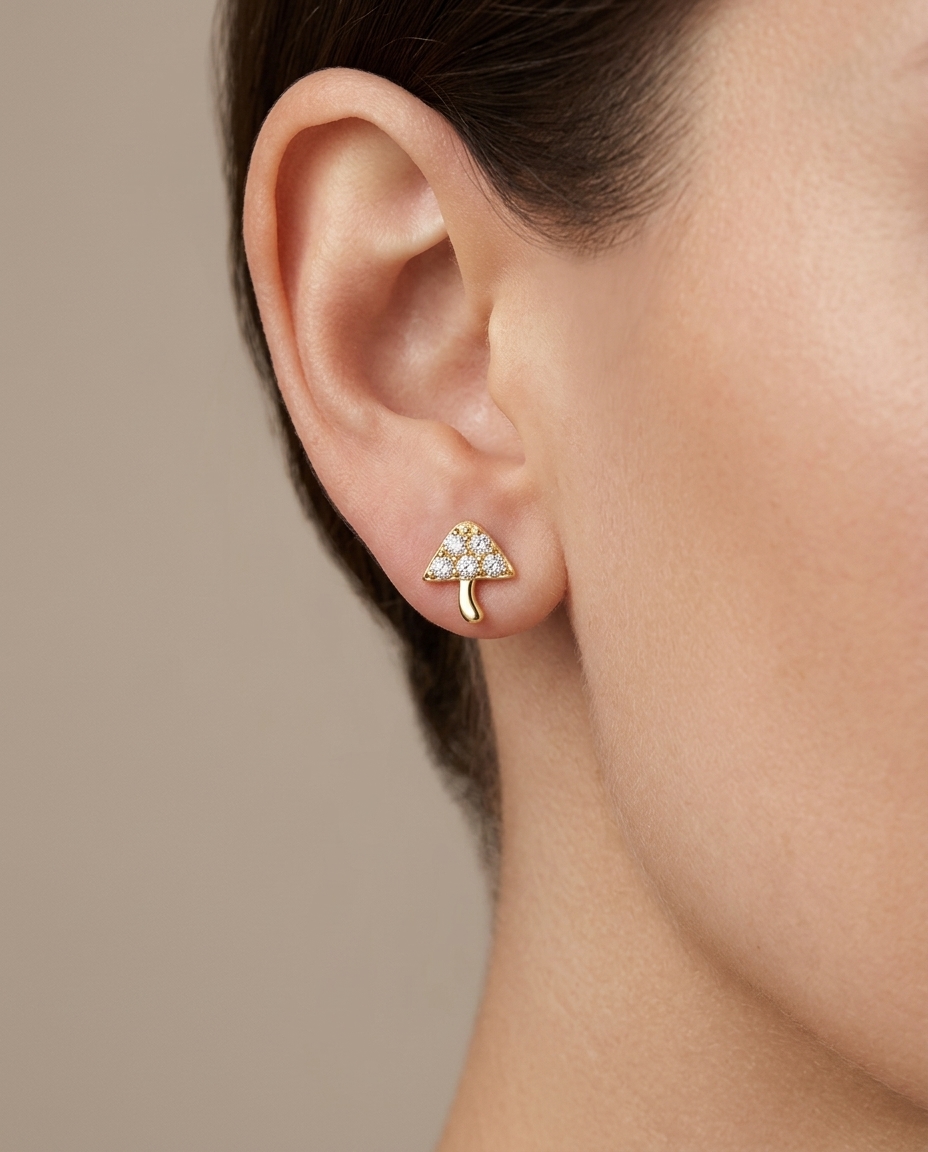 14KT Yellow Gold Diamond Mushroom Earring Studs on model