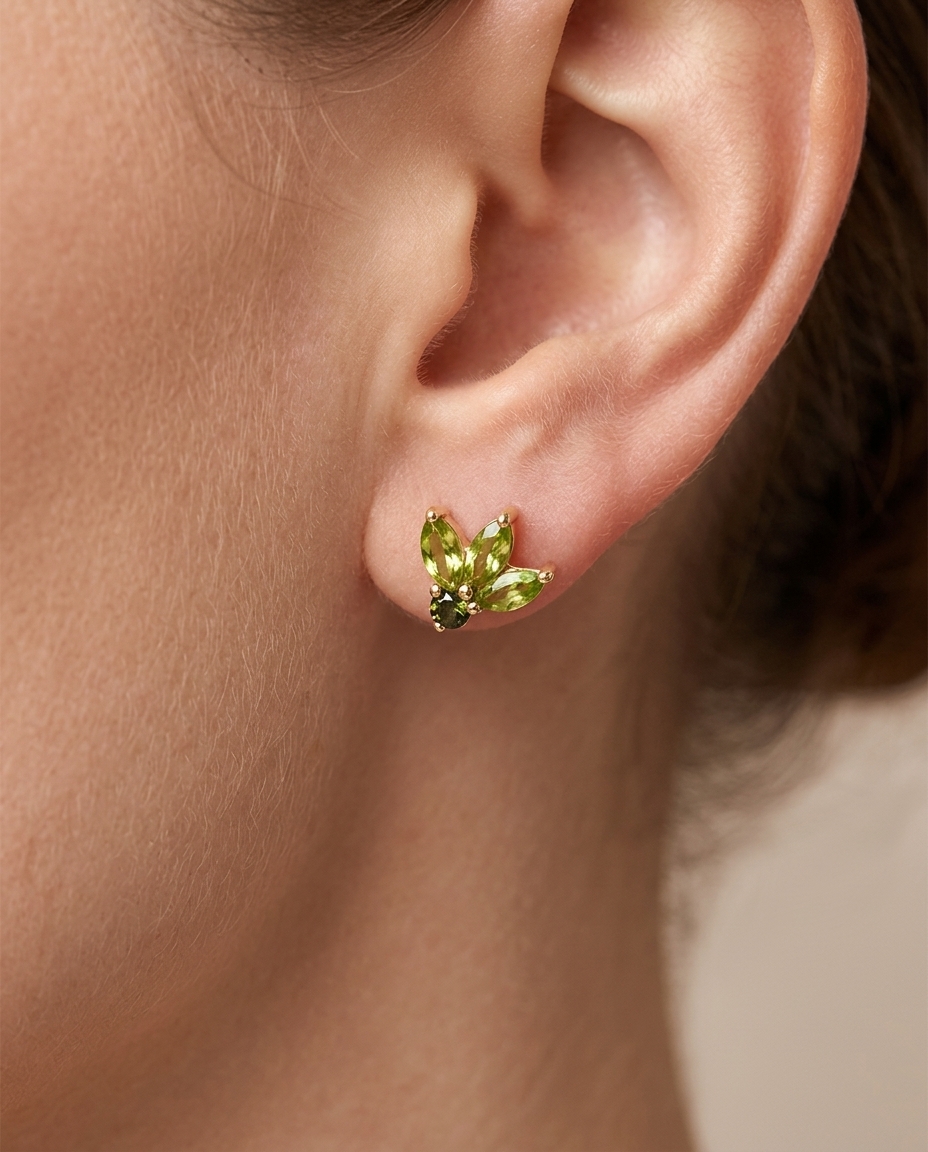 14KT Gold Green Sapphire Peacock Earring on model