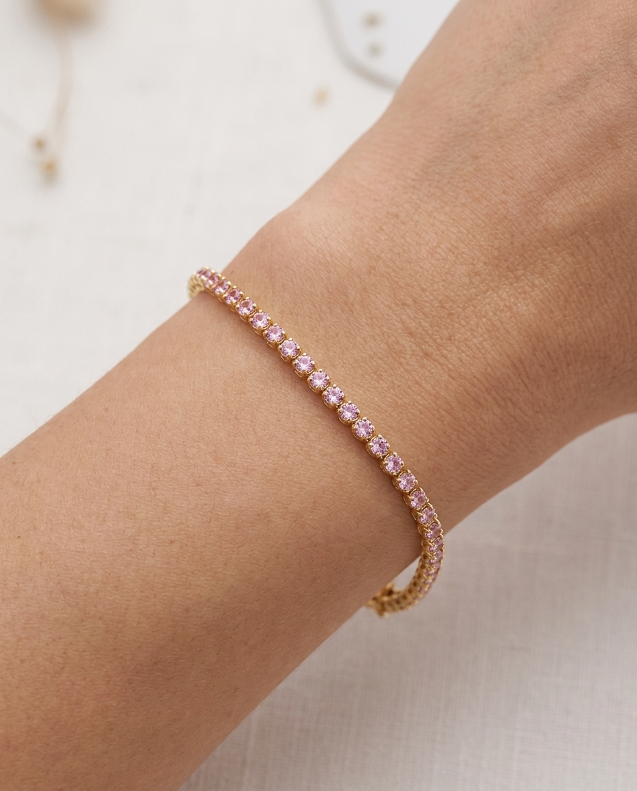 14KT Yellow Gold Pink Sapphire Bracelet on model
