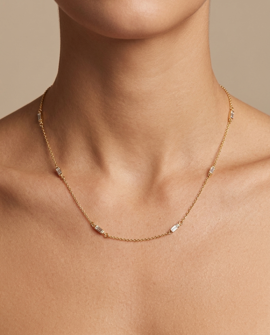 14KT Gold Diamond Baguette BY the Yard Necklace on model