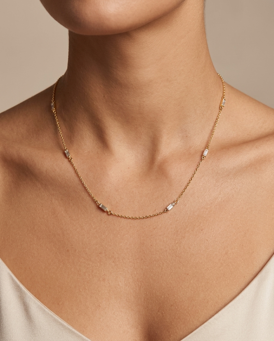 14KT Gold Diamond Baguette BY the Yard Necklace on model
