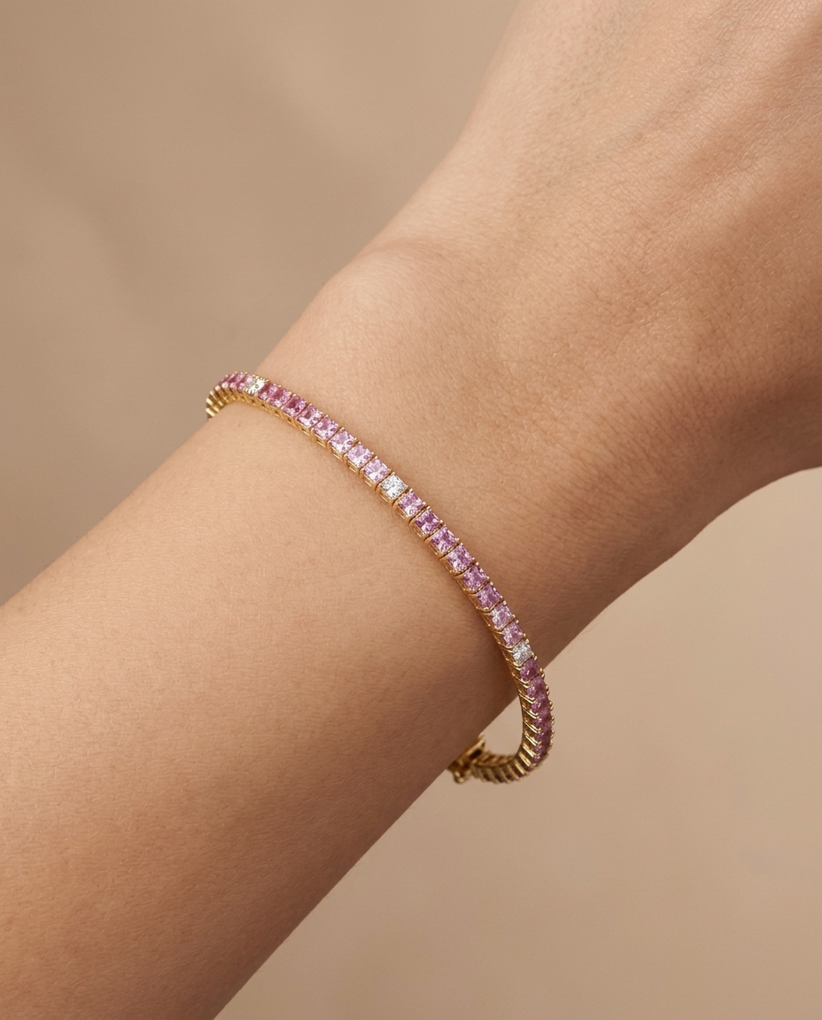 14KT Yellow Gold Pink Sapphire and Diamond Bracelet view 2