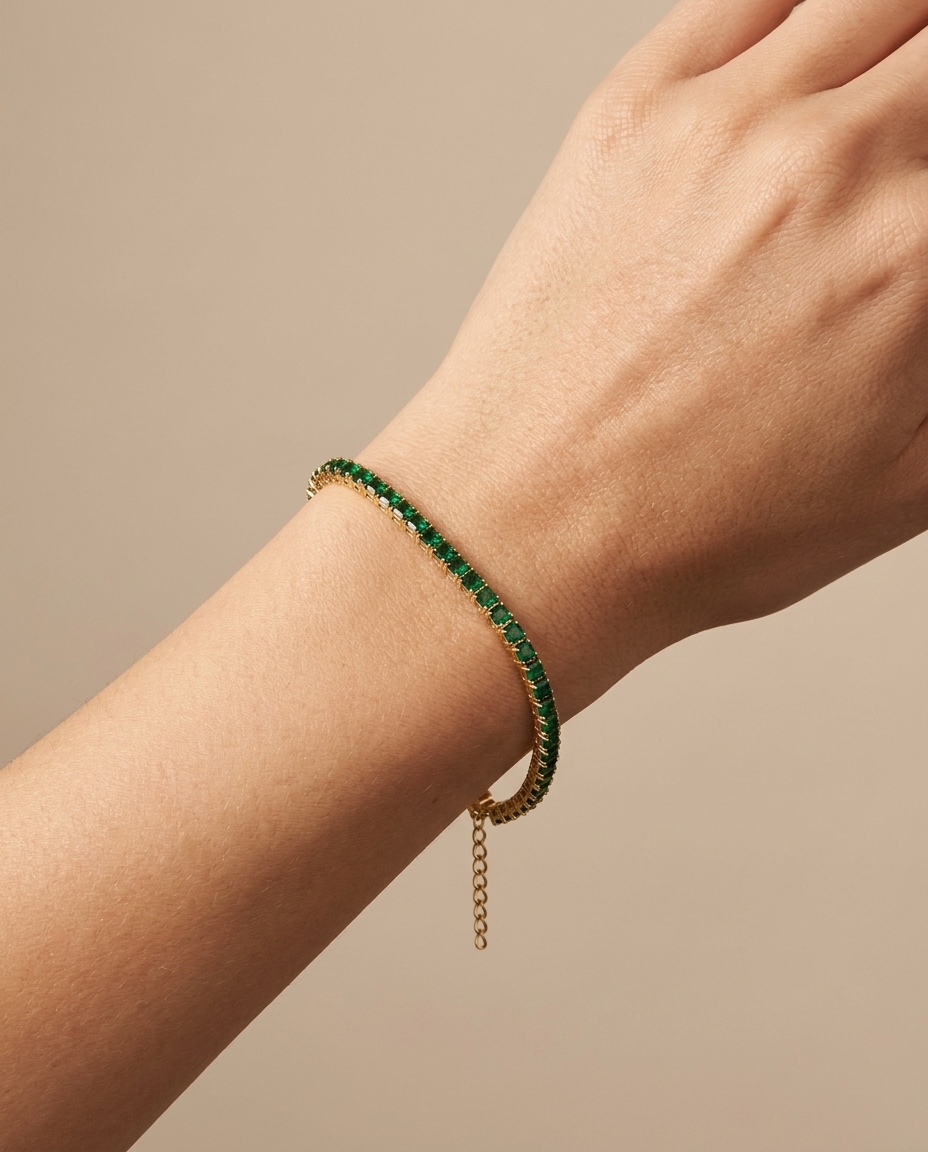 14KT Yellow Gold Princess Cut Emerald Tennis Bracelet on model