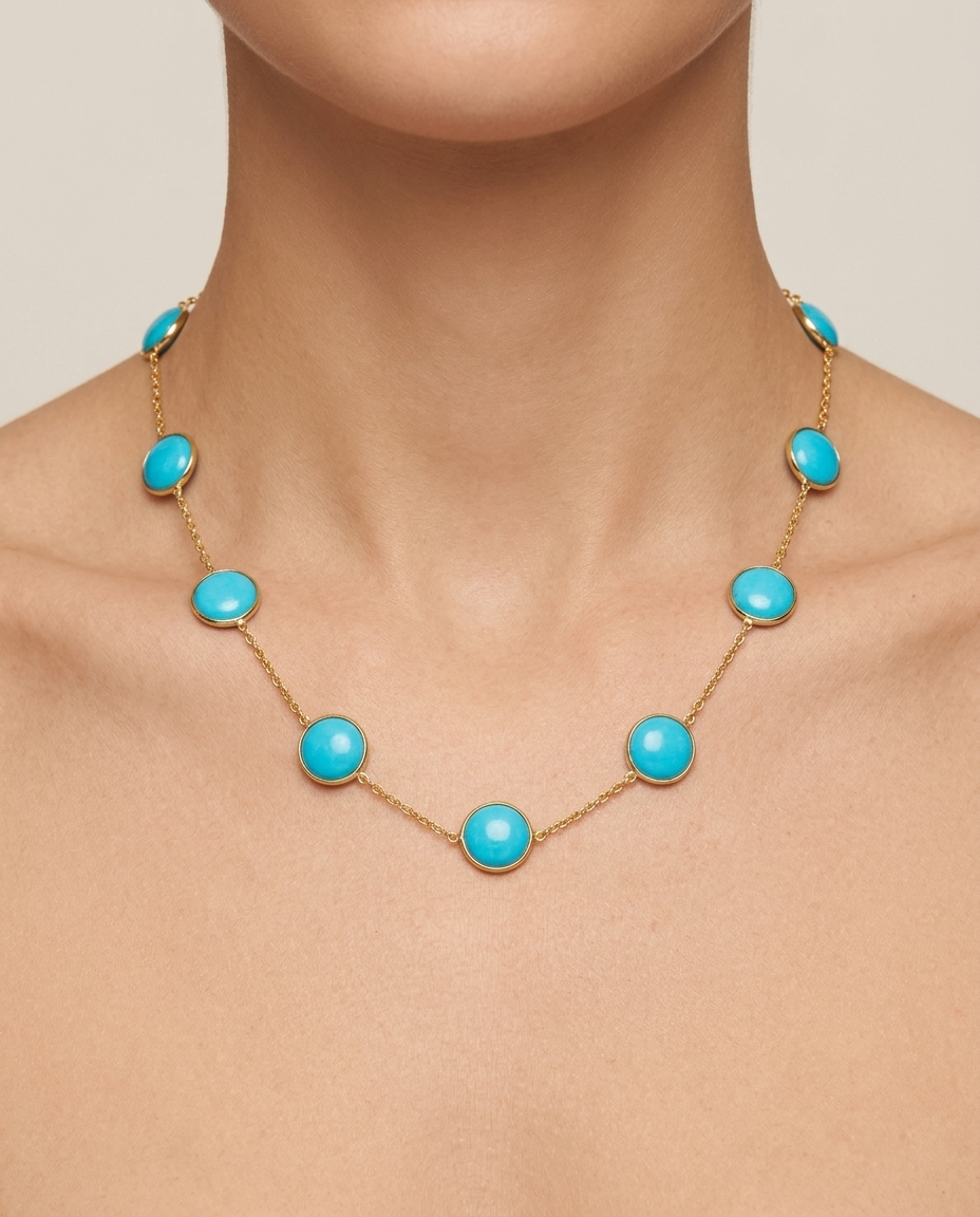 18KT Gold Turquoise Coin Station Necklace (8MM) on model