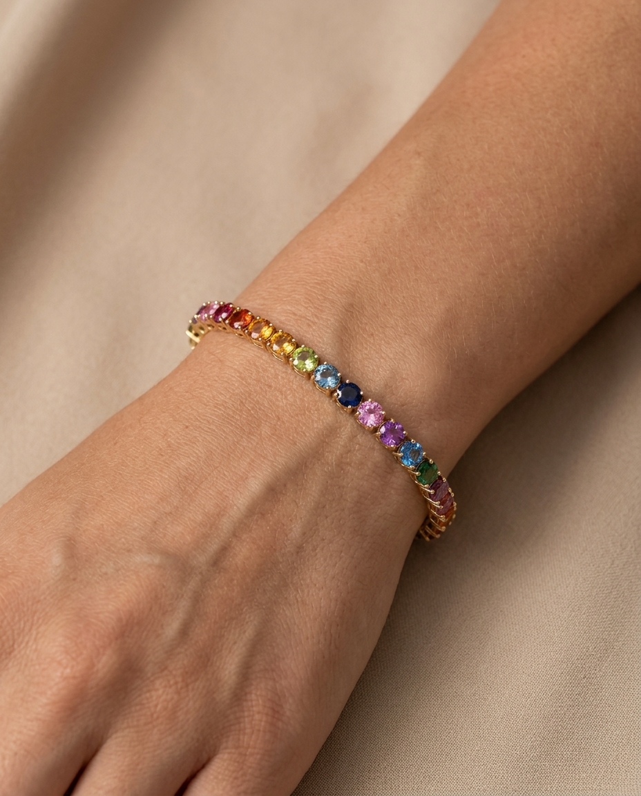 14KT Yellow Gold Multi Sapphire Bracelet on model