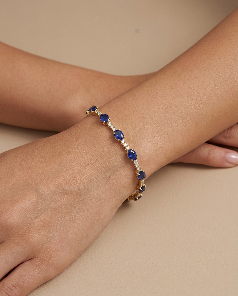 14KT Gold Blue Sapphire and Diamonds Bracelet on model