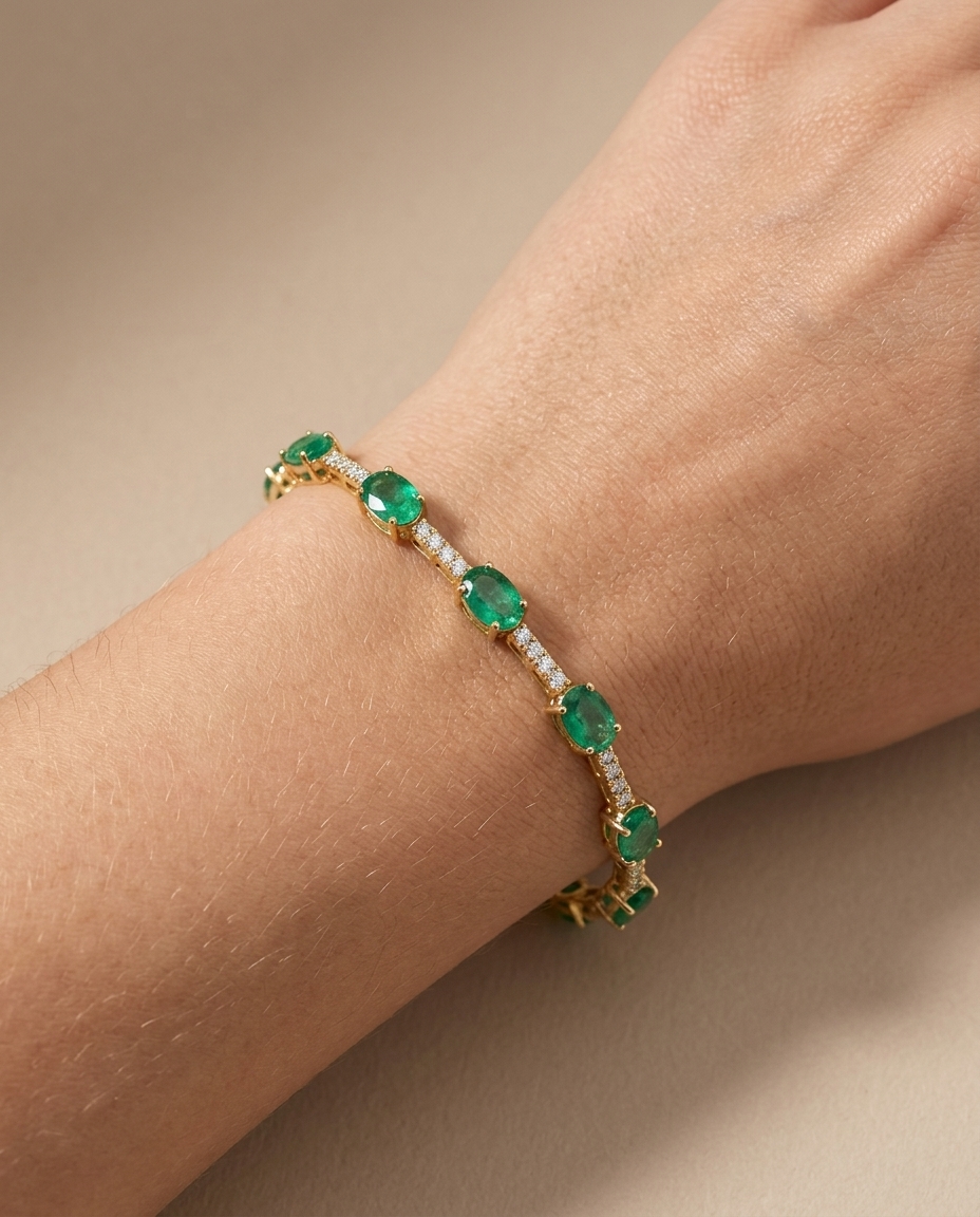 14KT Gold Emerald and Diamonds Bracelet on model