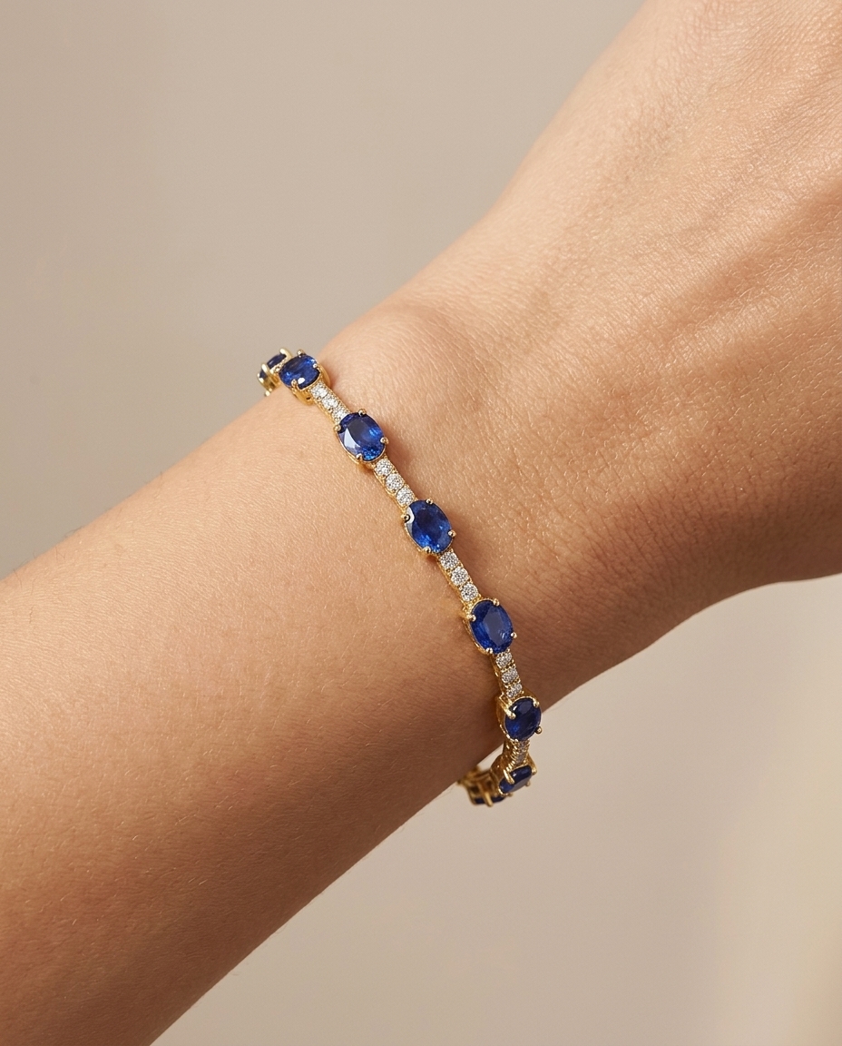 14KT Gold Blue Sapphire and Diamonds Bracelet view 2