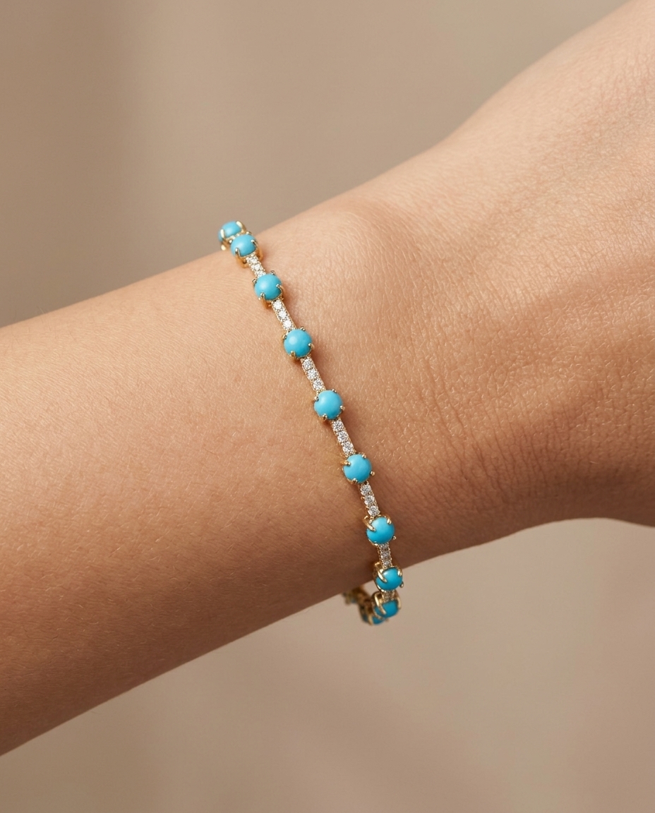 14KT Gold Turquoise and Diamonds Bracelet on model