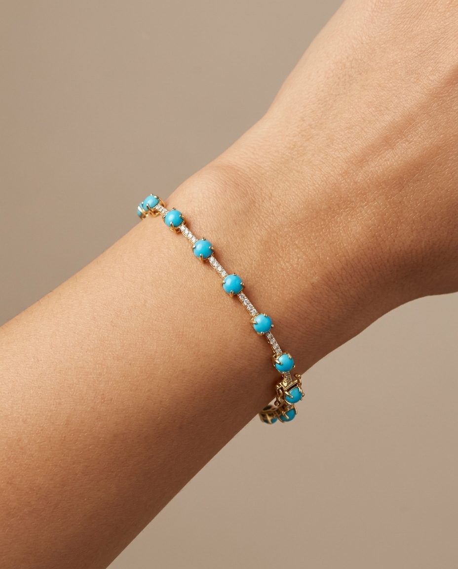 14KT Gold Turquoise and Diamonds Bracelet on model