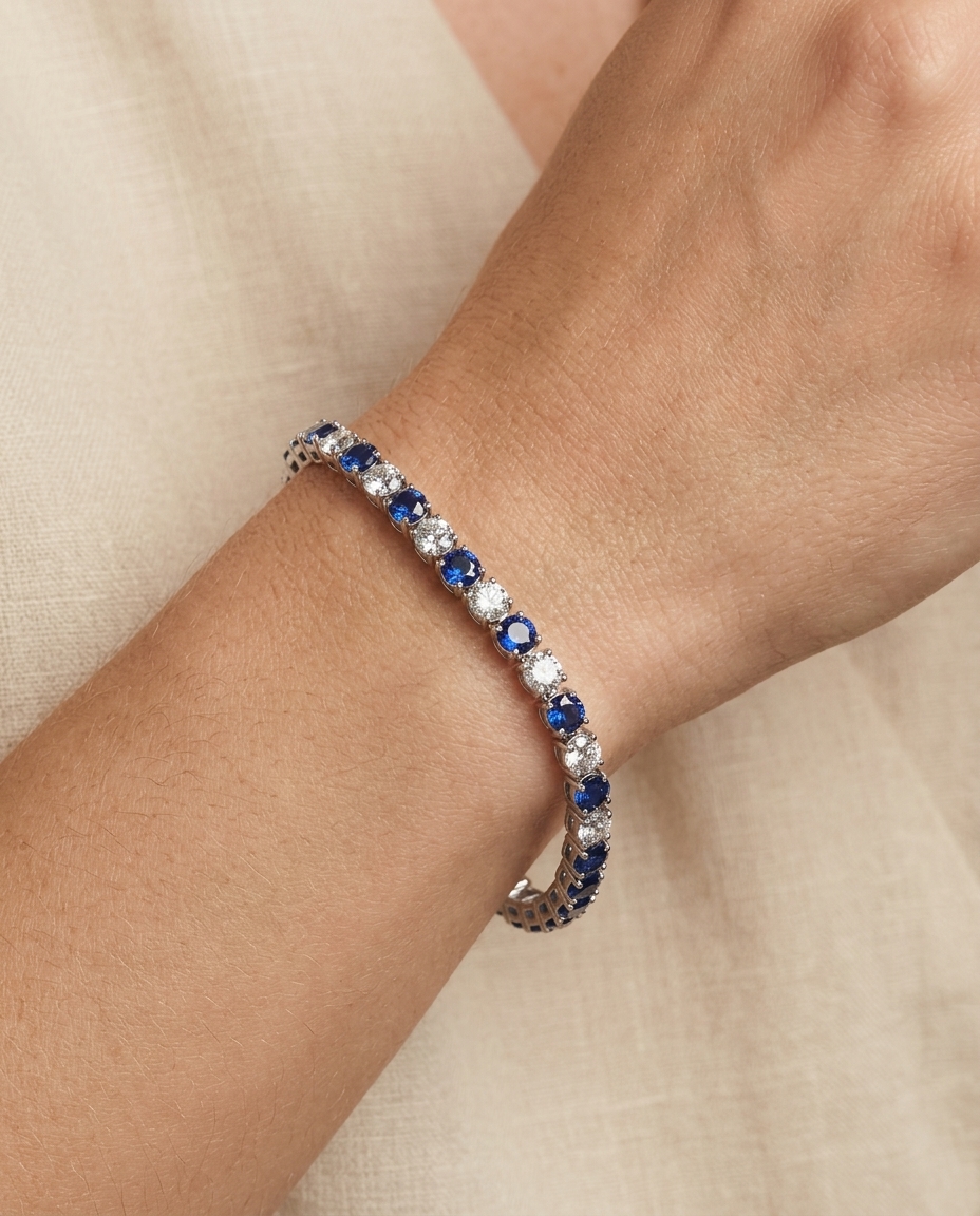 14KT Gold Diamond and Blue Sapphire Bracelet on model