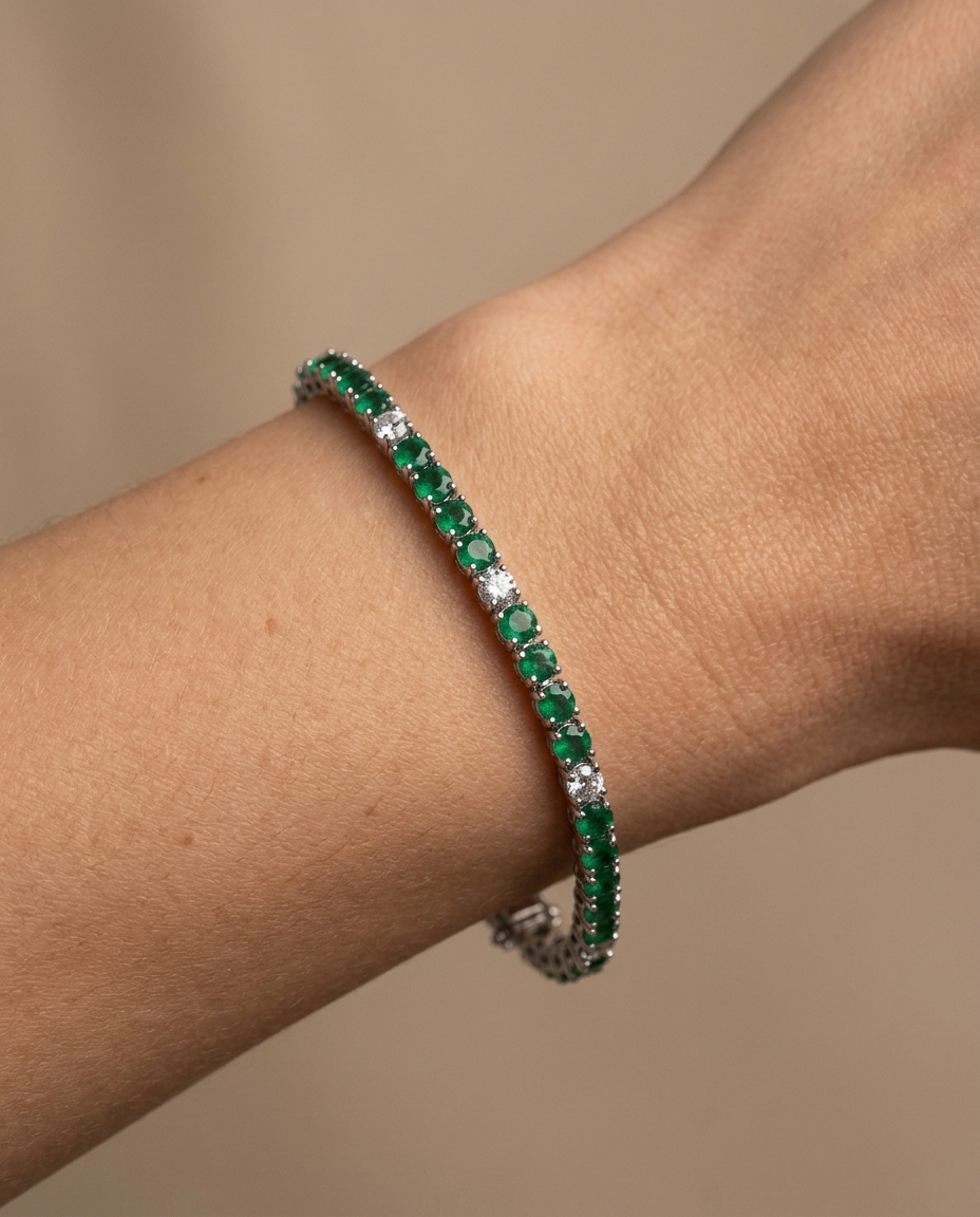 14KT White Gold Diamond and Emerald Bracelet on model