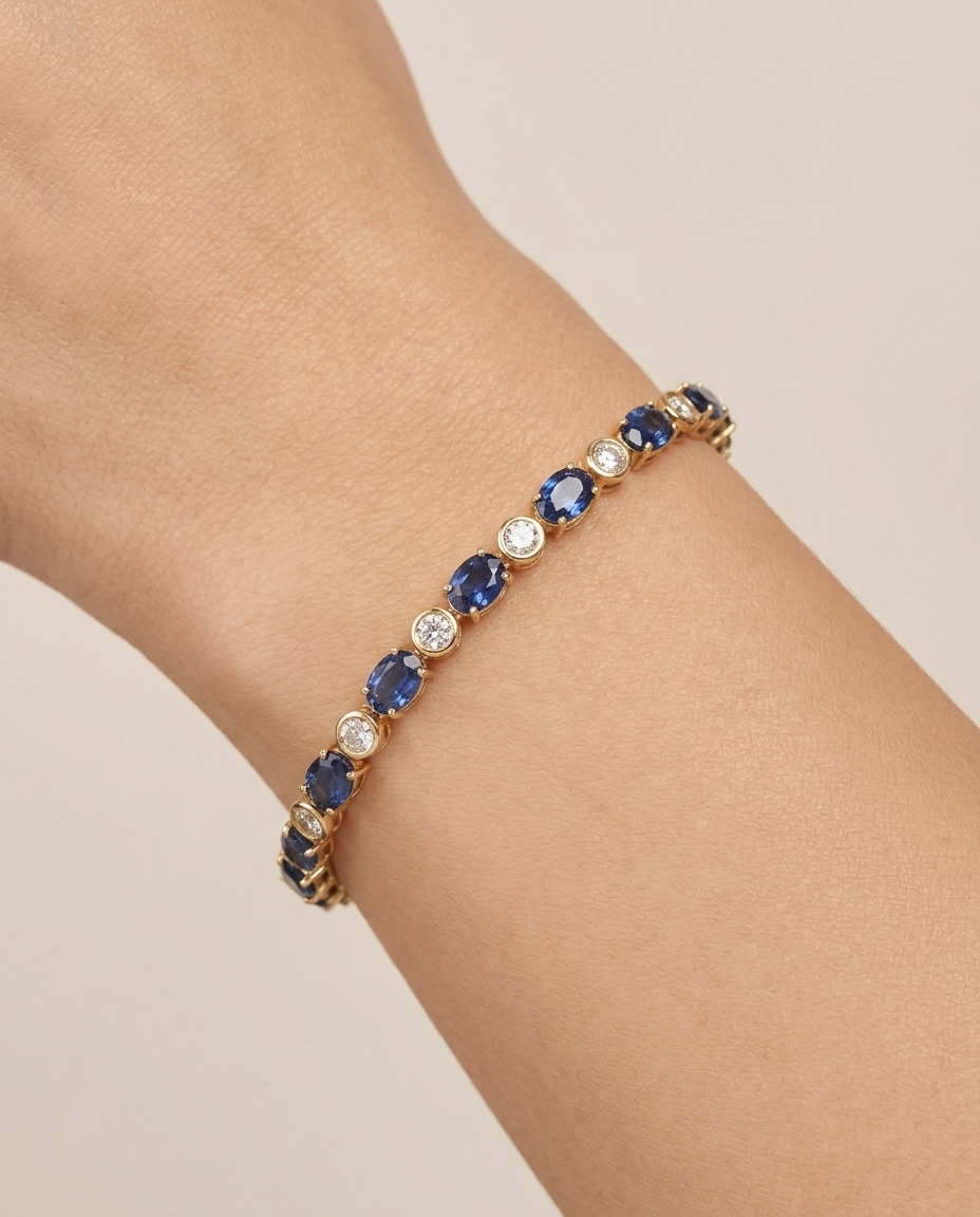 14KT Yellow Gold Blue Sapphire and Bezeled Diamonds Bracelet view 2