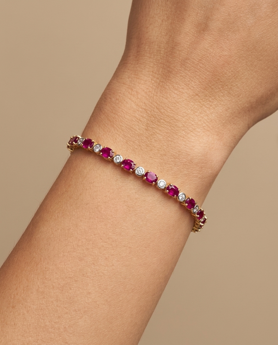 14KT Two Tone Ruby and Diamonds Bracelet on model