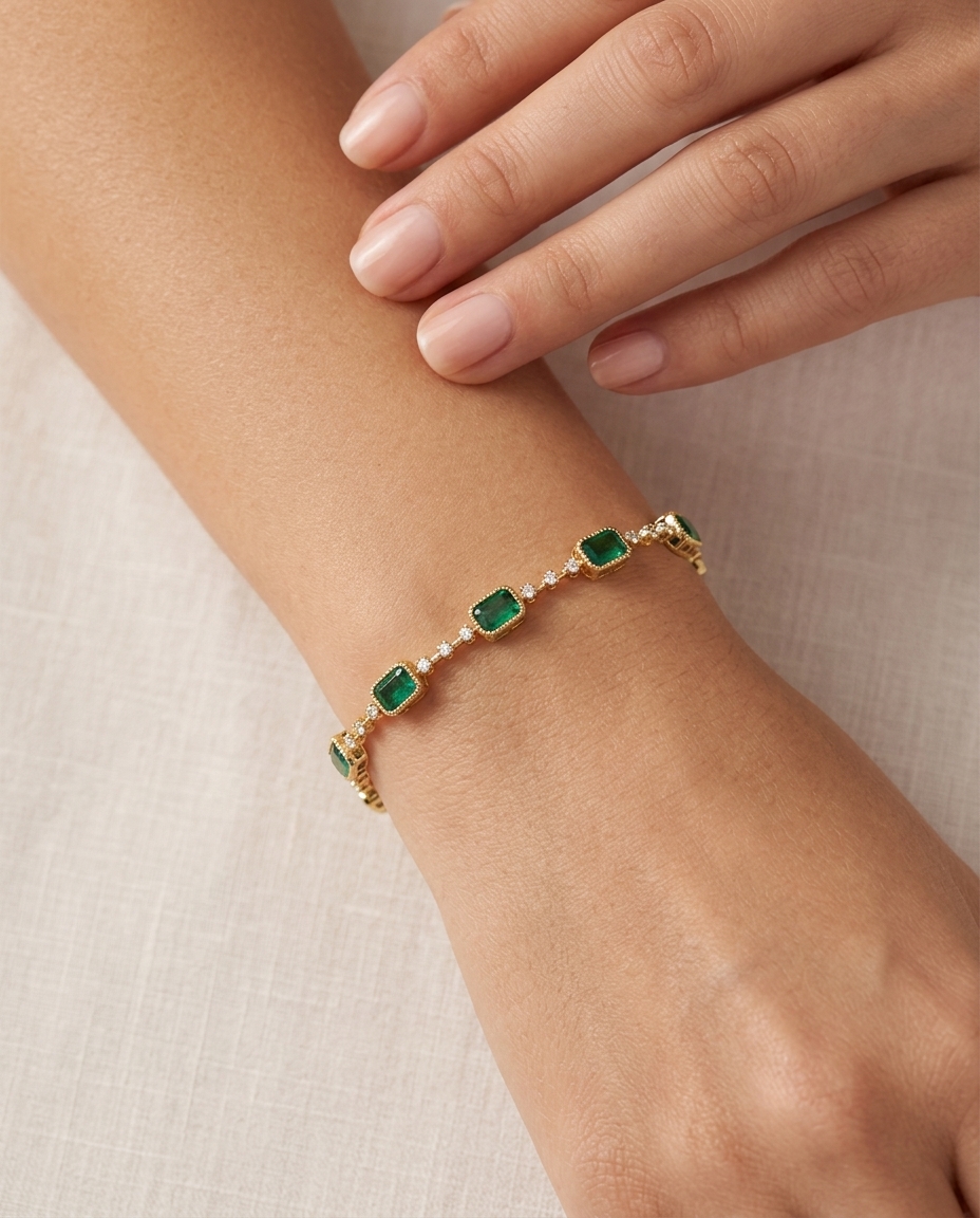 14KT Yellow Gold Emerald and Diamonds Bracelet view 2