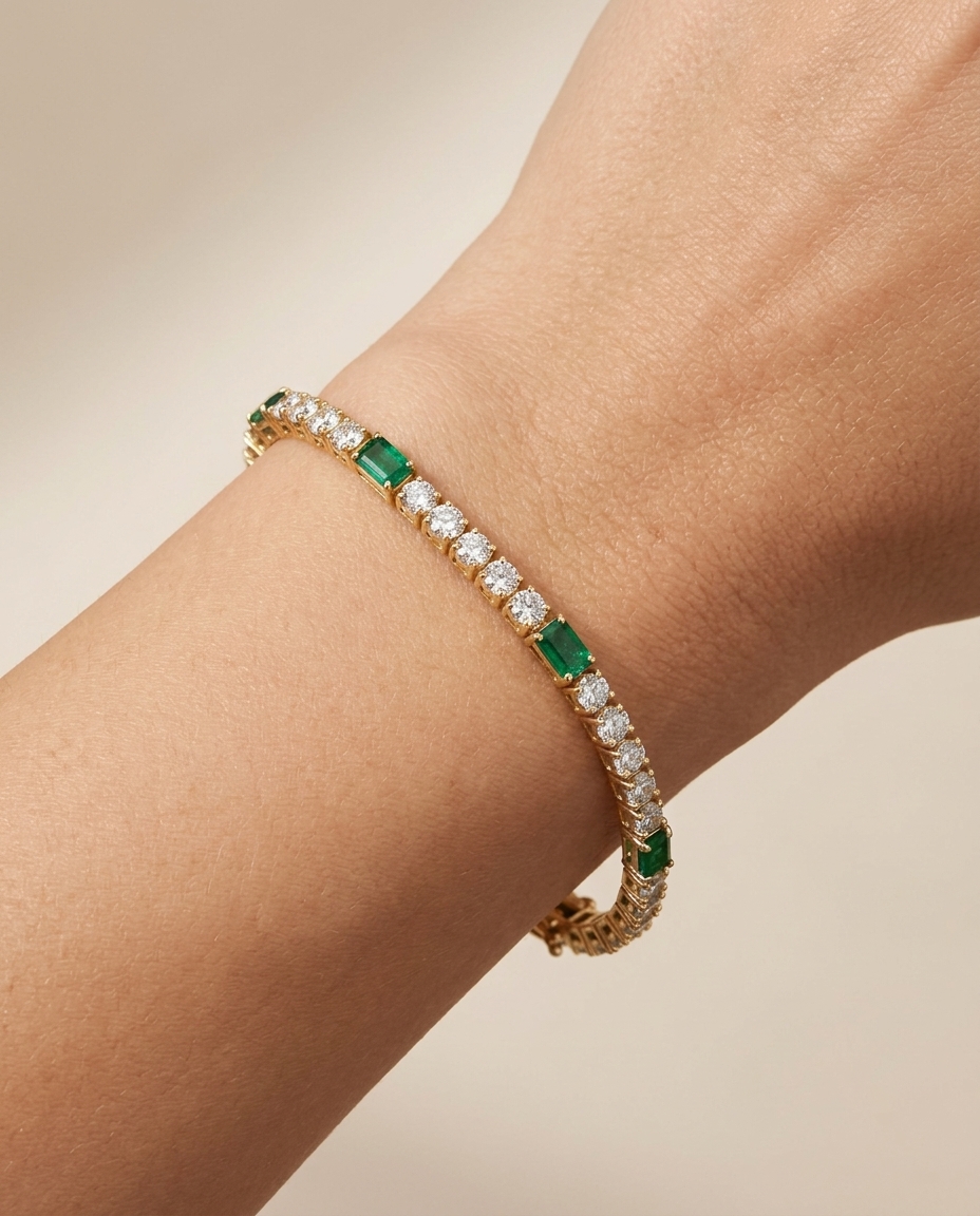 14KT Yellow Gold Diamond and Emerald Bracelet view 2
