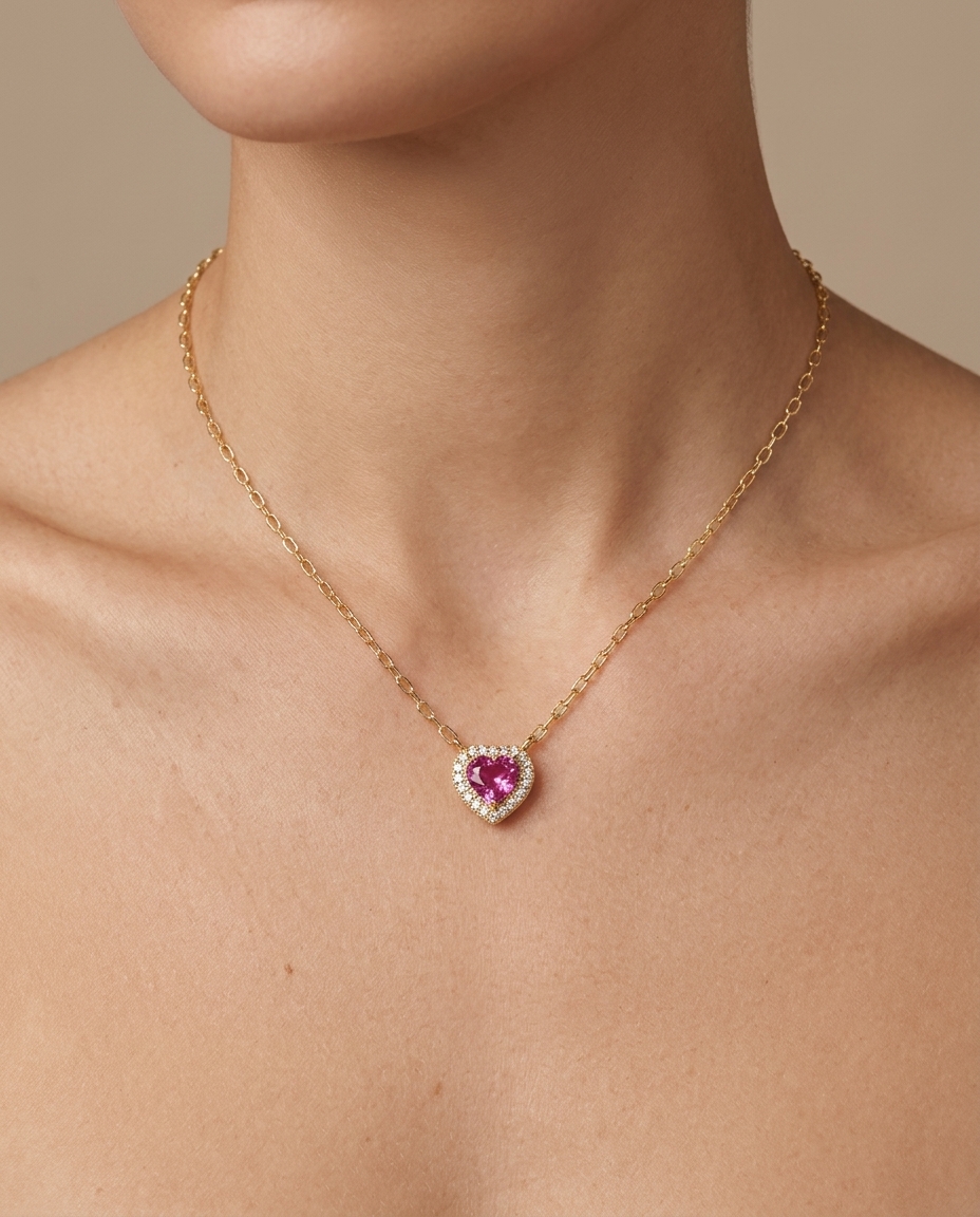 14KT Yellow Gold Diamond and Pink Sapphire Heart Necklace on model