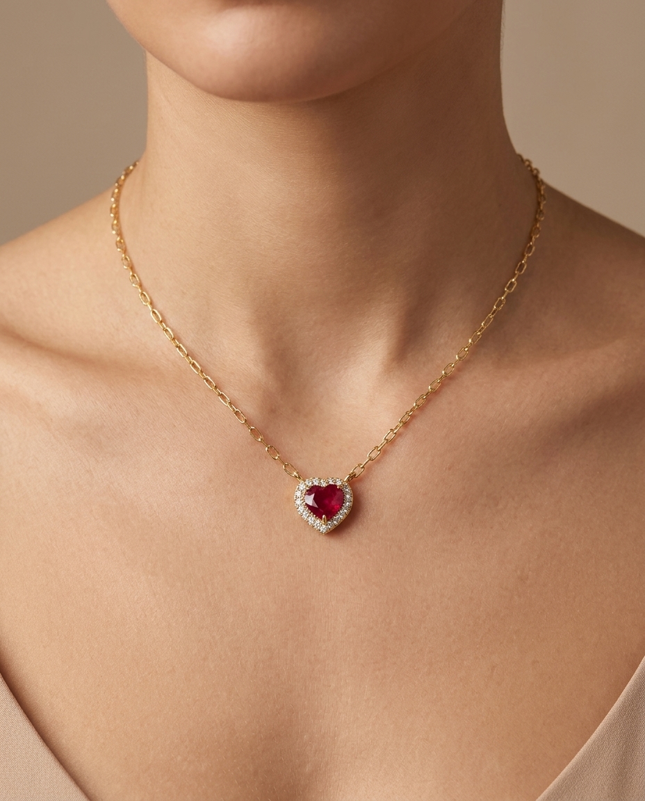 14KT Yellow Gold Diamond and Ruby Heart Necklace view 2