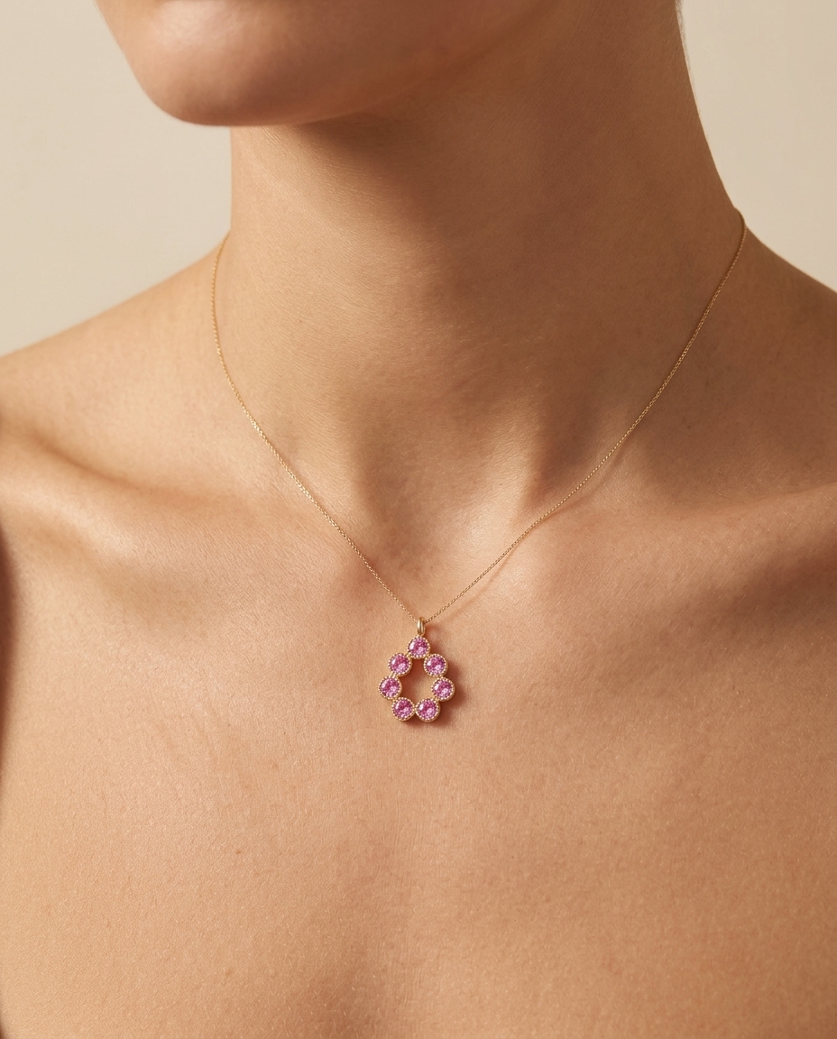 14KT Gold Pink Sapphire Pendant on model